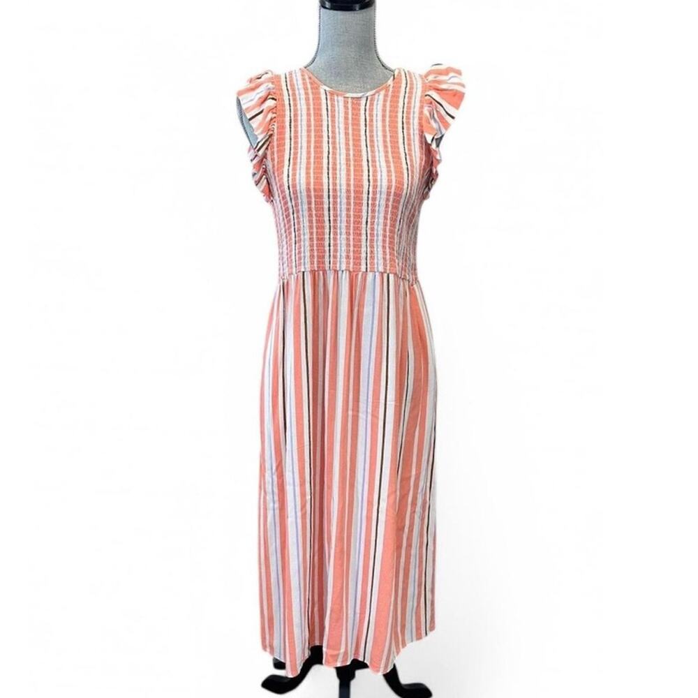 A New Day Midi vertical stripe sleeveless midi smocked dress medium flutter